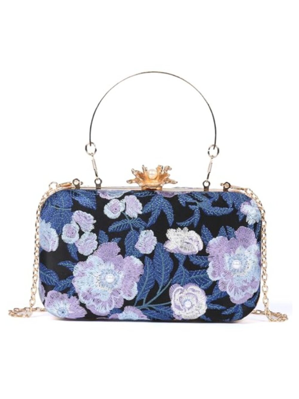 Handmade Floral Embroidered Vintage Clutch Evening Bag with Chain Strap